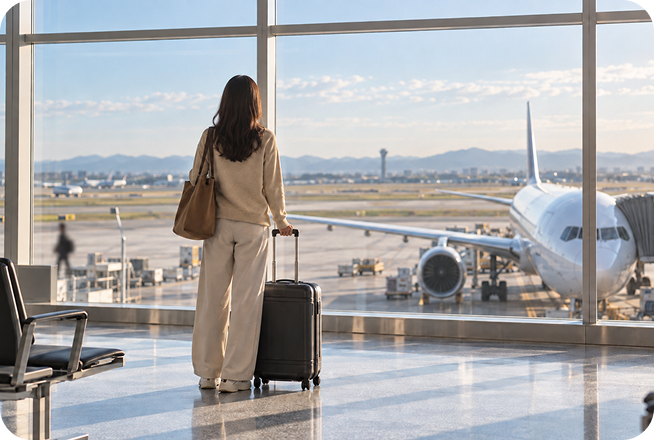 공항 탑승구 창가에서 캐리어를 잡고 여객기를 바라보는 여행자